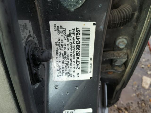 2HGFA16399H347867 - 2009 HONDA CIVIC GRAY photo 10