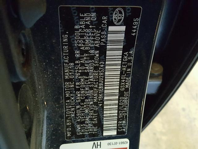 4T1BK1EB9JU285743 - 2018 TOYOTA AVALON XLE BLUE photo 10