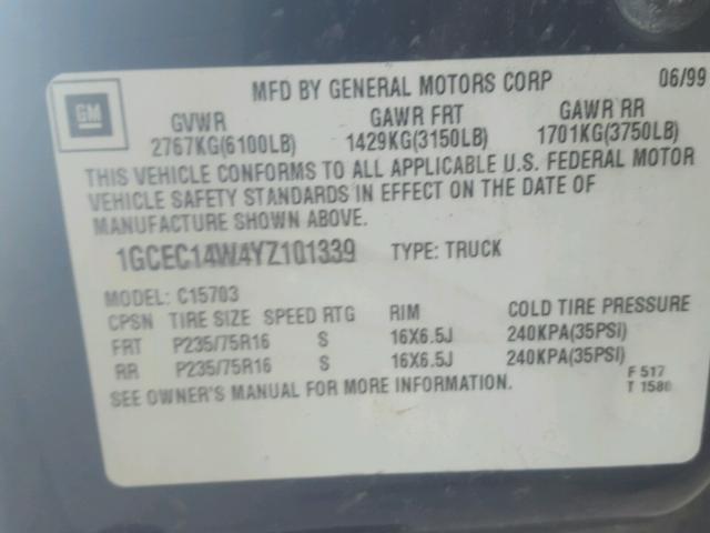 1GCEC14W4YZ101339 - 2000 CHEVROLET SILVERADO BLUE photo 10