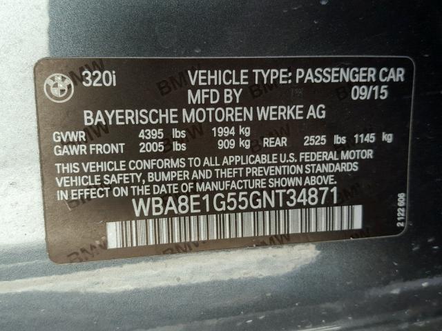 WBA8E1G55GNT34871 - 2016 BMW 320 I GRAY photo 10