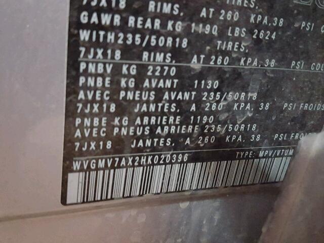 WVGMV7AX2HK020396 - 2017 VOLKSWAGEN TIGUAN COM 银色 照片 10