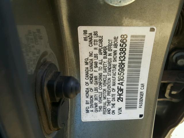 2HGFA16598H338568 - 2008 HONDA CIVIC GRAY photo 10