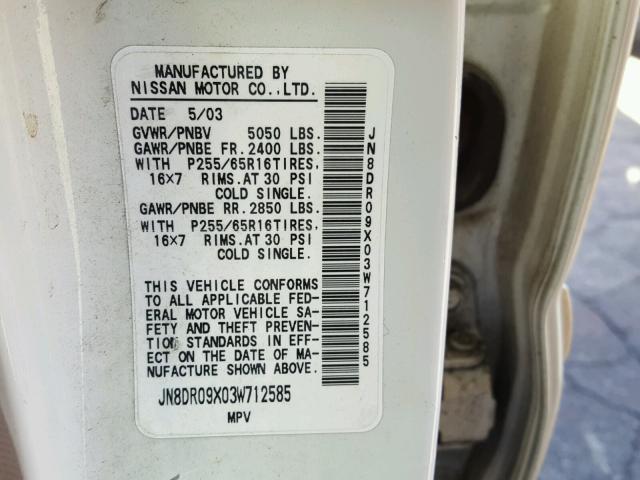 JN8DR09X03W712585 - 2003 NISSAN PATHFINDER WHITE photo 10