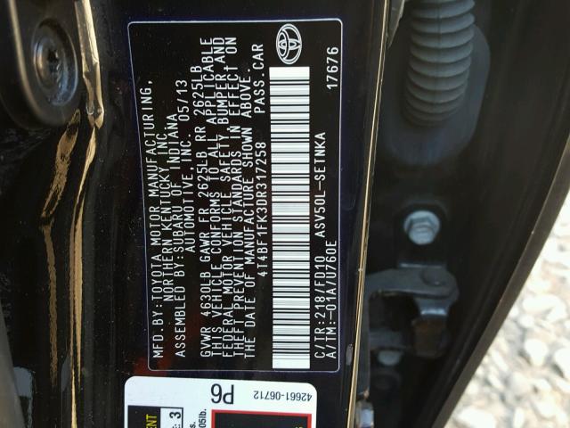 4T4BF1FK3DR317258 - 2013 TOYOTA CAMRY L BLACK photo 10