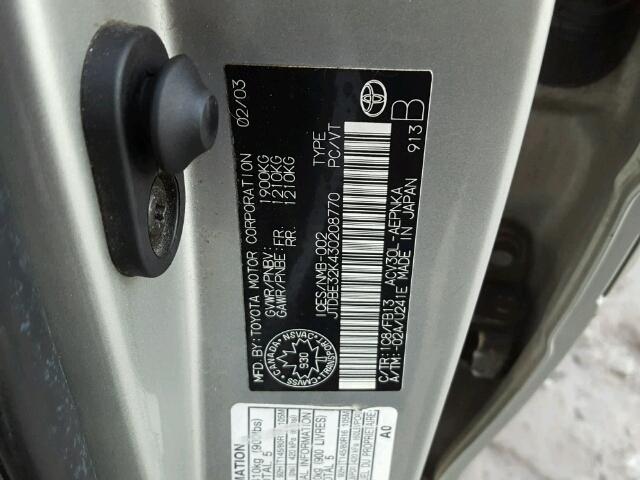 JTDBE32K430208770 - 2003 TOYOTA CAMRY LE ვერცხლისფერი ფოტო 10