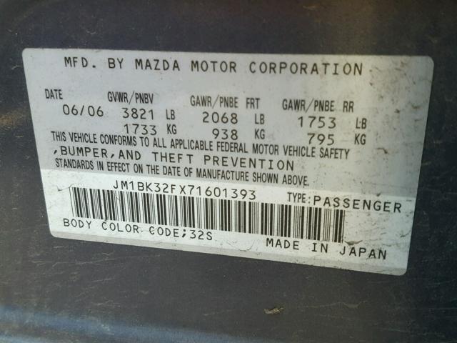 JM1BK32FX71601393 - 2007 MAZDA 3 GRAY photo 10