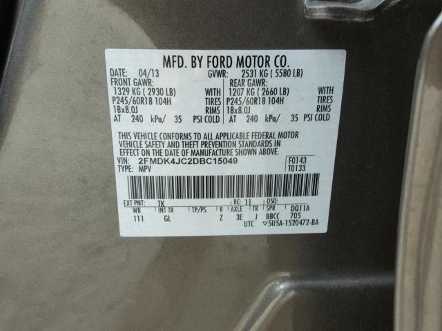 2FMDK4JC2DBC15049 - 2013 FORD EDGE SEL GRAY photo 10