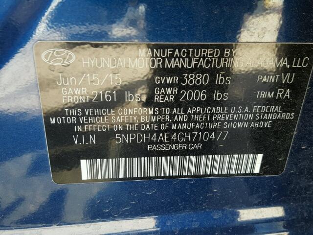 5NPDH4AE4GH710477 - 2016 HYUNDAI ELANTRA SE BLUE photo 10