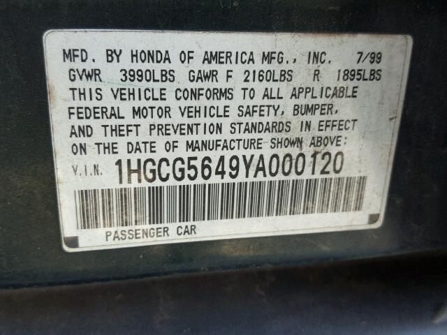 1HGCG5649YA000120 - 2000 HONDA ACCORD GREEN photo 10