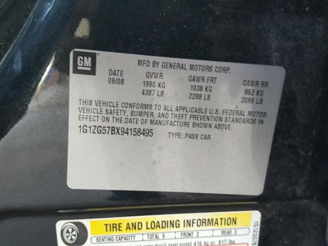 1G1ZG57BX94158495 - 2009 CHEVROLET MALIBU LS შავი ფოტო 10