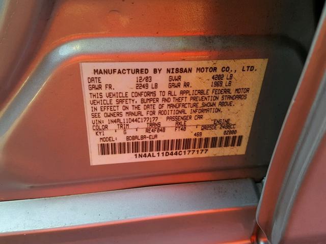 1N4AL11D44C177177 - 2004 NISSAN ALTIMA BAS SILVER photo 10