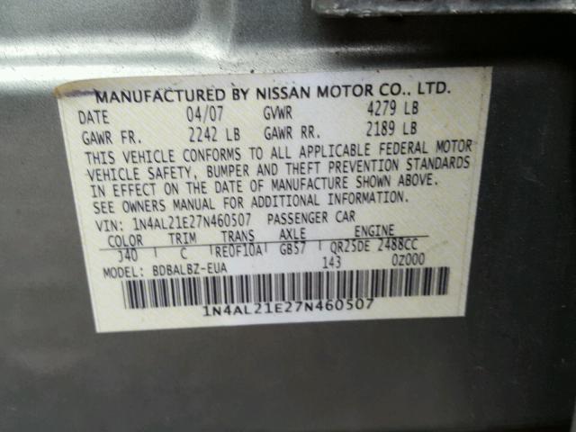 1N4AL21E27N460507 - 2007 NISSAN ALTIMA 2.5 GREEN photo 10