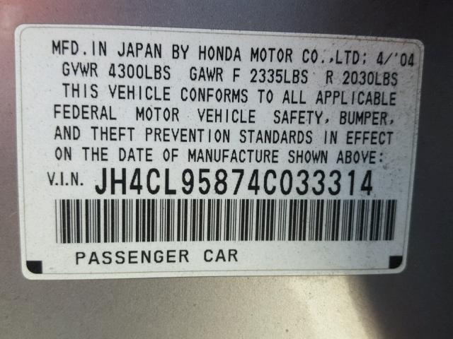 JH4CL95874C033314 - 2004 ACURA TSX SILVER photo 10