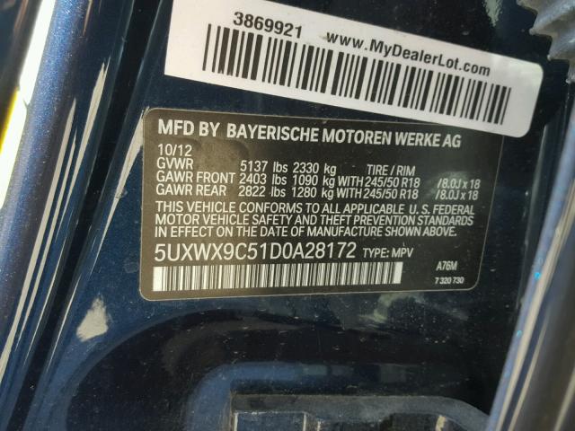 5UXWX9C51D0A28172 - 2013 BMW X3 BLUE photo 10