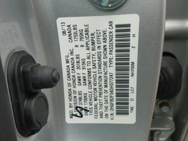 2HGFB2F54DH577247 - 2013 HONDA CIVIC LX SILVER photo 10