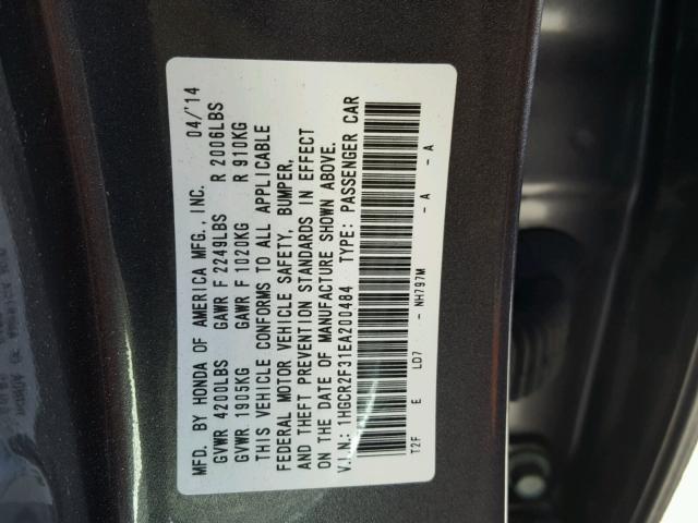 1HGCR2F31EA200484 - 2014 HONDA ACCORD LX GRAY photo 10