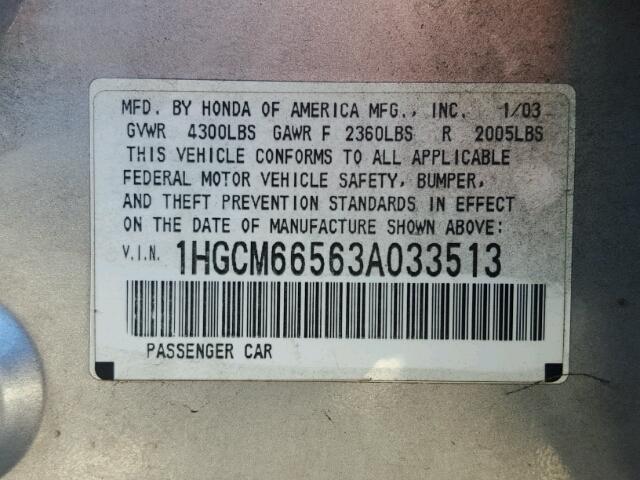 1HGCM66563A033513 - 2003 HONDA ACCORD SILVER photo 10