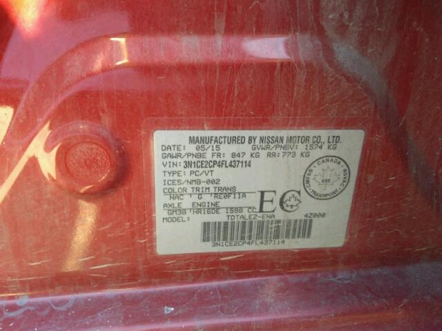 3N1CE2CP4FL437114 - 2015 NISSAN VERSA NOTE RED photo 10