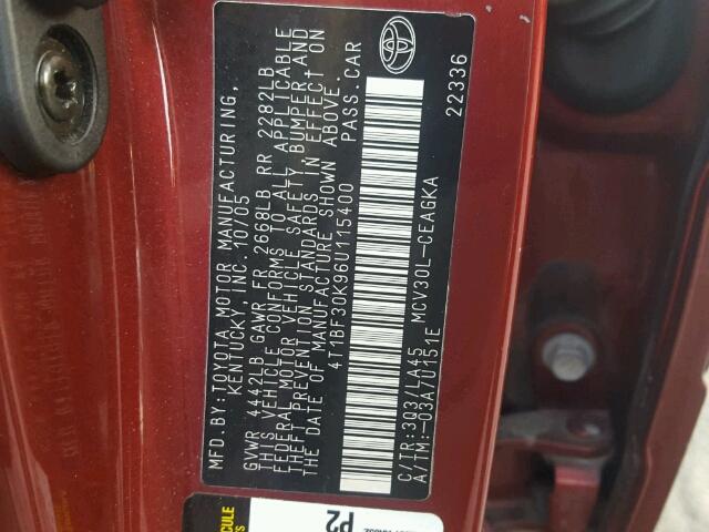 4T1BF30K96U115400 - 2006 TOYOTA CAMRY LE წითელი ფოტო 10