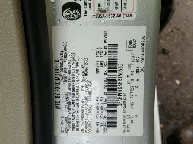 3FAHP0JG8BR150585 - 2011 FORD FUSION SEL SILVER photo 10