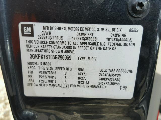 3GKFK16T03G296959 - 2003 GMC YUKON XL K CHARCOAL photo 10