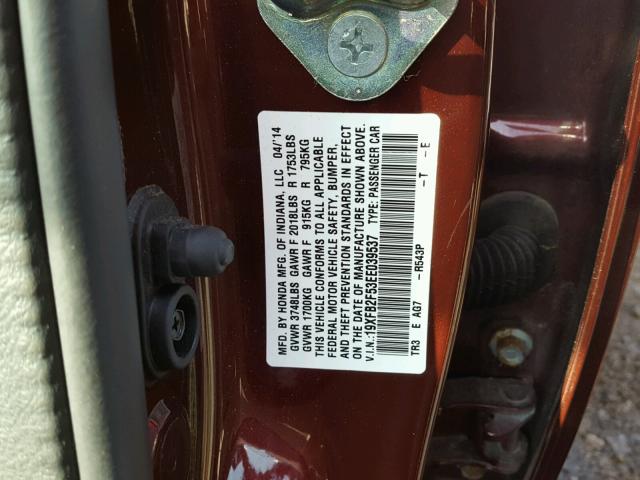 19XFB2F53EE039537 - 2014 HONDA CIVIC MAROON photo 10