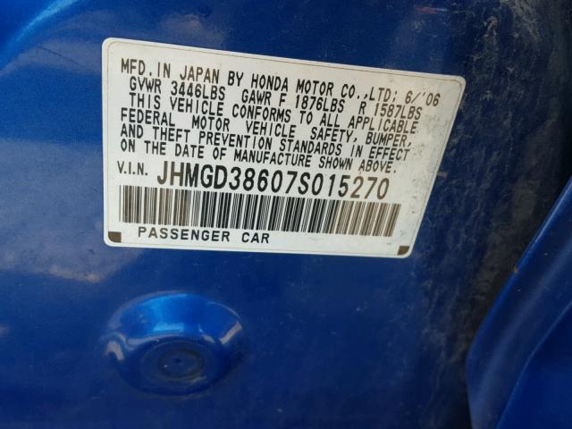 JHMGD38607S015270 - 2007 HONDA FIT BLUE photo 10