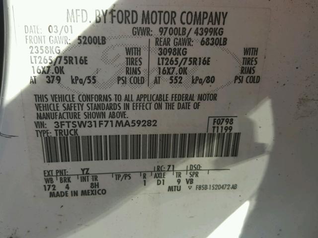 3FTSW31F71MA59282 - 2001 FORD F350 Ақ фото 10