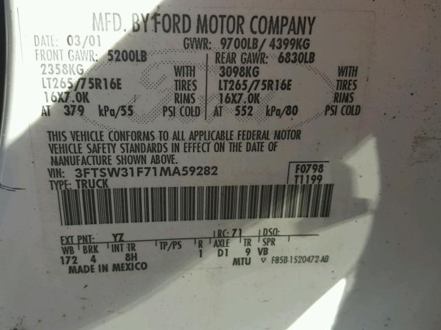 3FTSW31F71MA59282 - 2001 FORD F350 WHITE photo 10