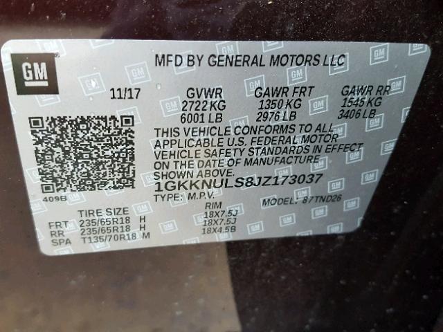 1GKKNULS8JZ173037 - 2018 GMC ACADIA SLT 栗色 照片 10