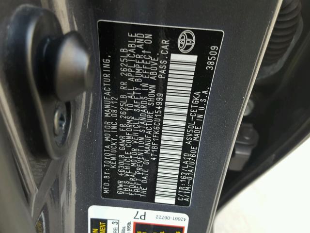 4T1BF1FK6CU154999 - 2012 TOYOTA CAMRY BASE SILVER photo 10