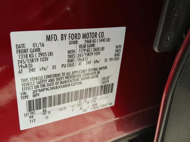 2FMPK3K8XGBB12709 - 2016 FORD EDGE BURGUNDY photo 10