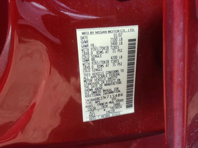 5N1BA08C27N715486 - 2007 NISSAN ARMADA SE RED photo 10