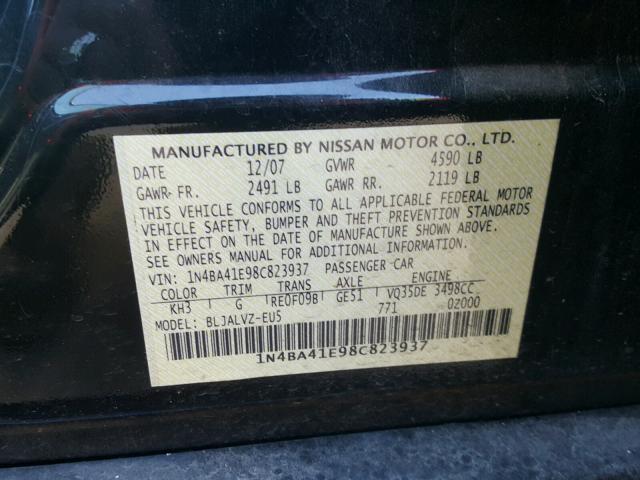 1N4BA41E98C823937 - 2008 NISSAN MAXIMA SE BLACK photo 10