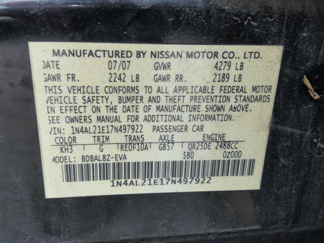 1N4AL21E17N497922 - 2007 NISSAN ALTIMA 2.5 BLACK photo 10