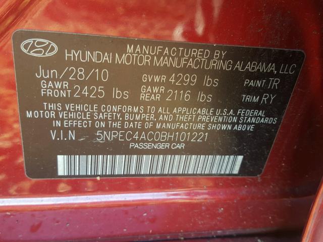 5NPEC4AC0BH101221 - 2011 HYUNDAI SONATA SE RED photo 10