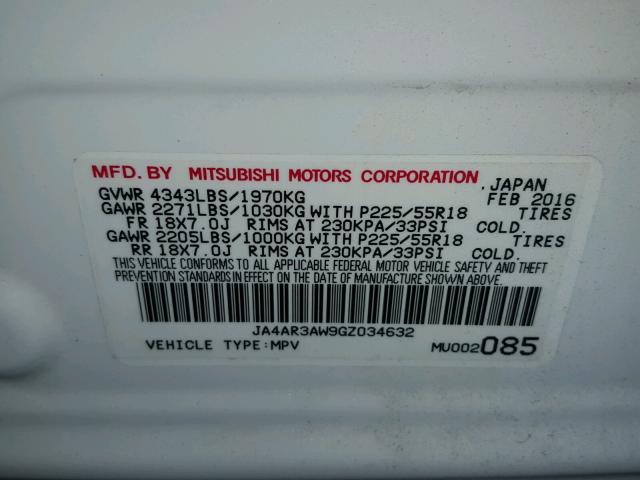 JA4AR3AW9GZ034632 - 2016 MITSUBISHI OUTLANDER WHITE photo 10