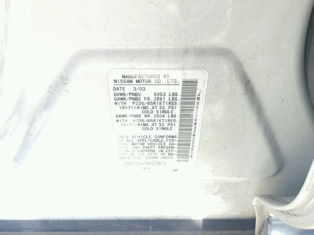 JN8AZ08W33W223819 - 2003 NISSAN MURANO WHITE photo 10