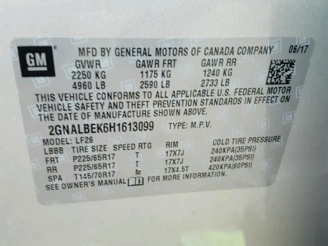 2GNALBEK6H1613099 - 2017 CHEVROLET EQUINOX LS SILVER photo 10