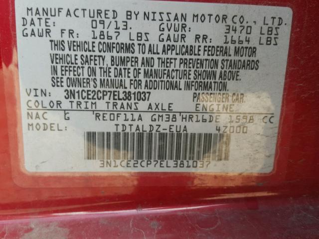 3N1CE2CP7EL381037 - 2014 NISSAN VERSA NOTE RED photo 10