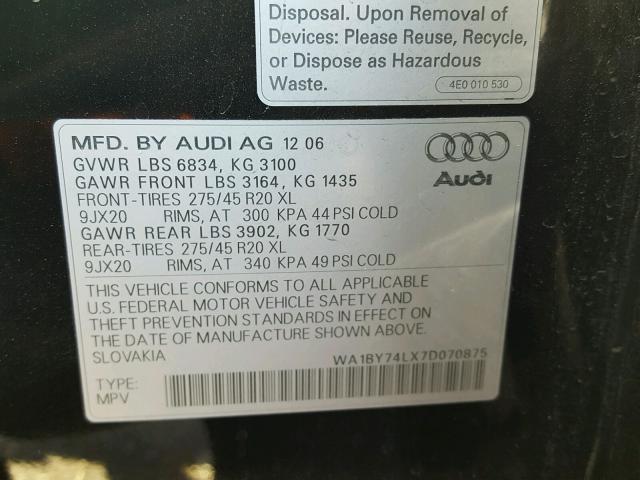 WA1BY74LX7D070875 - 2007 AUDI Q7 3.6 QUA BLACK photo 10