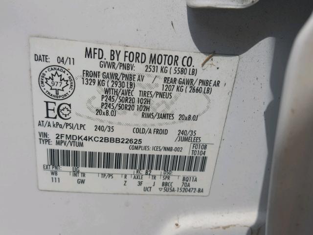 2FMDK4KC2BBB22625 - 2011 FORD EDGE LIMIT WHITE photo 10