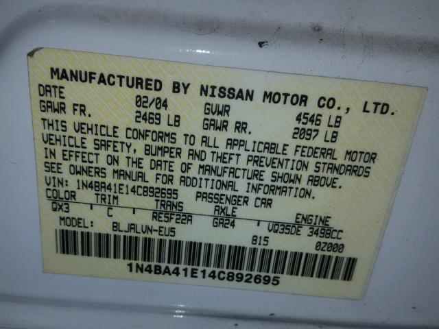 1N4BA41E14C892695 - 2004 NISSAN MAXIMA WHITE photo 10