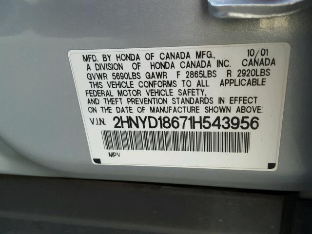 2HNYD18671H543956 - 2001 ACURA MDX TOURIN SILVER photo 10