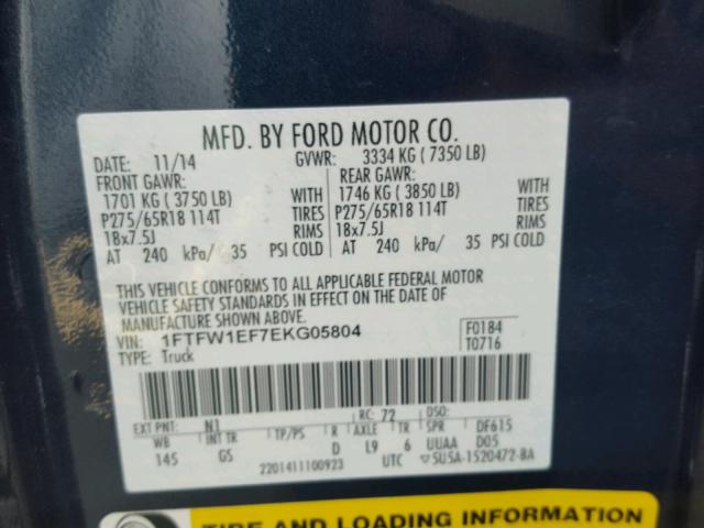 1FTFW1EF7EKG05804 - 2014 FORD F150 SUPER BLUE photo 10