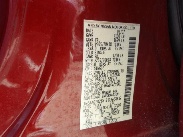 1N6AA07D28N306686 - 2008 NISSAN TITAN RED photo 10