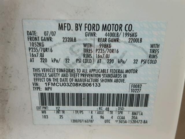 1FMCU03Z08KB06133 - 2008 FORD ESCAPE XLT WHITE photo 10