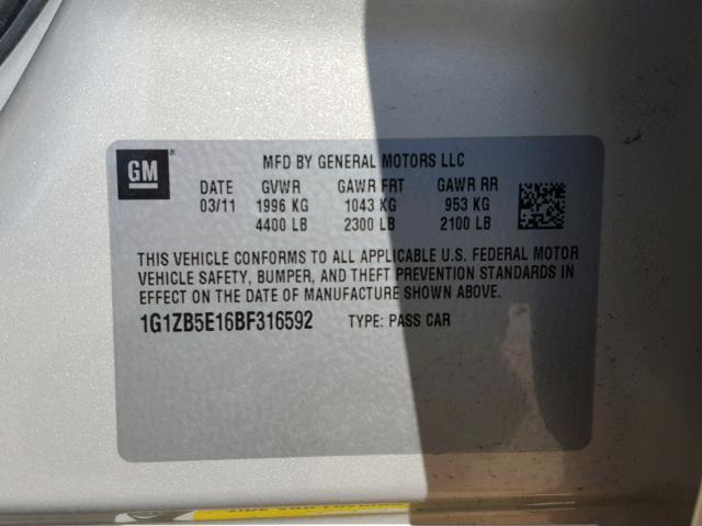 1G1ZB5E16BF316592 - 2011 CHEVROLET MALIBU LS ბეჟი ფოტო 10