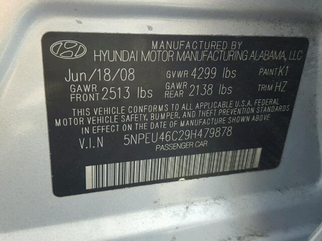 5NPEU46C29H479878 - 2009 HYUNDAI SONATA SE SILVER photo 10