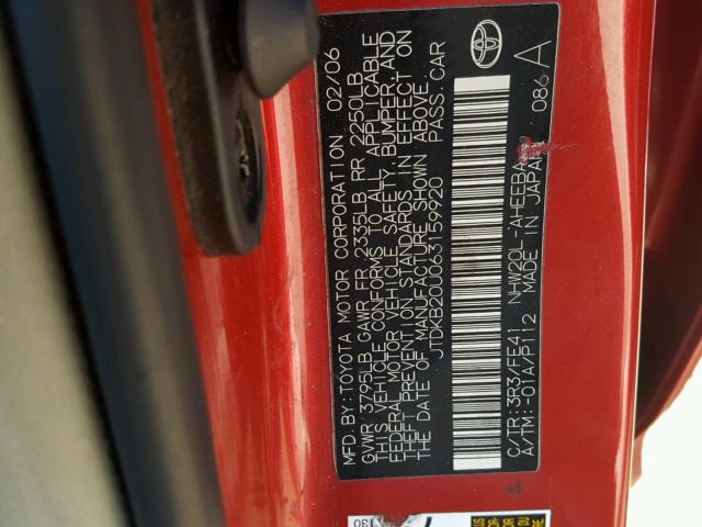 JTDKB20U063159920 - 2006 TOYOTA PRIUS RED photo 10